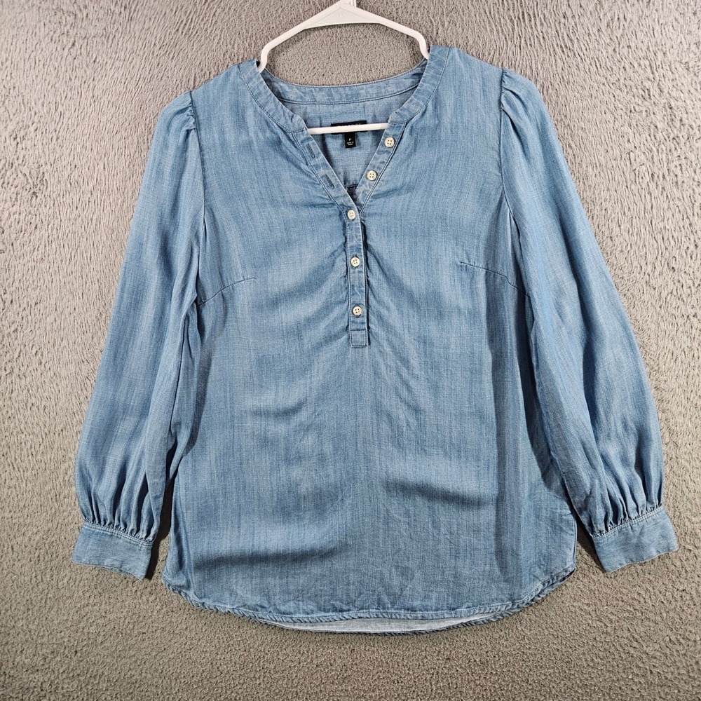 Talbots Petite Blue Lyocell Tencel Chambray Henley Blouse Top P Long Sleeve NEW